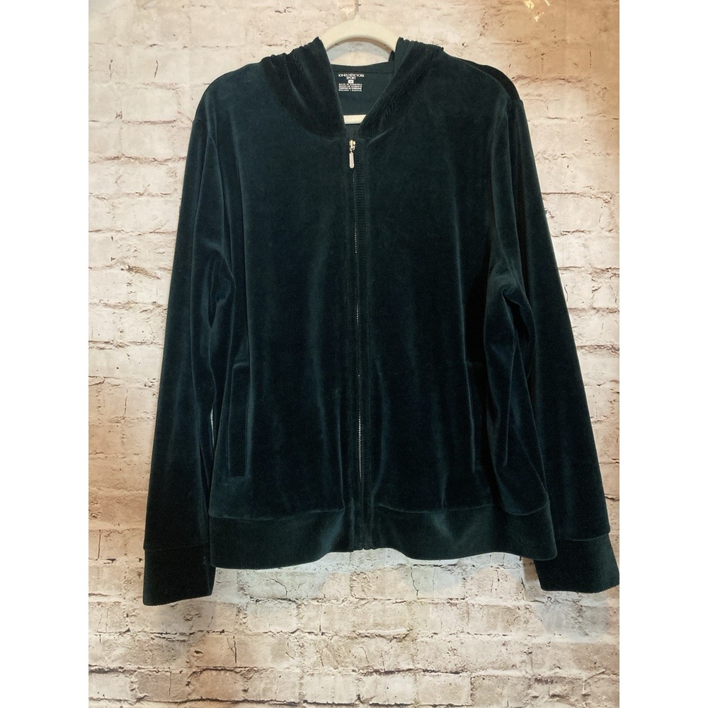 Jones NY Zip Front Hoodie Womens 2X In Forest Green Velour Plus Hooded Pockets